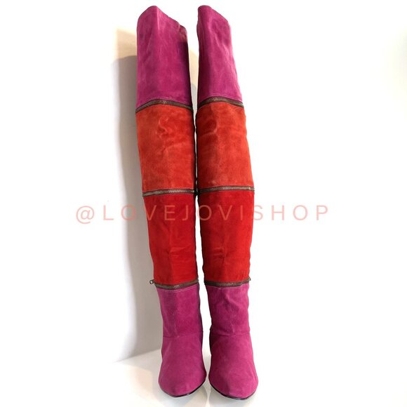 Vintage 80s | Maximalist Tiered Suede Thigh High to Ankle Boots Pink Fuchsia Red - Picture 2 of 16